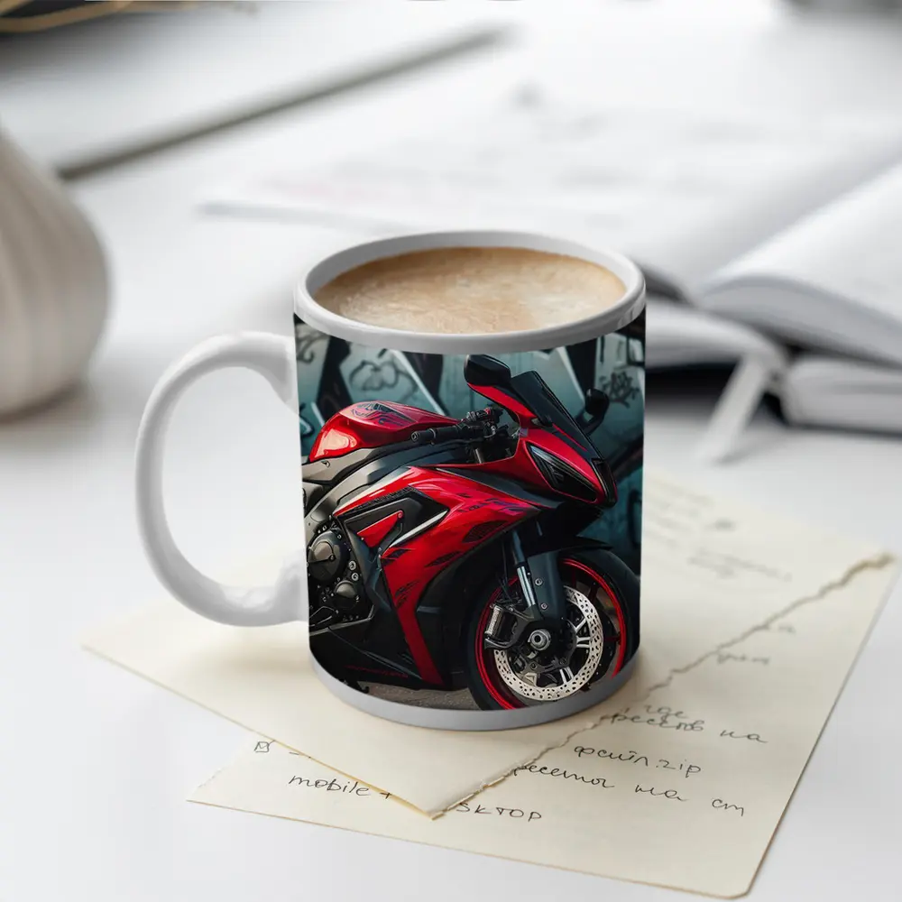 Red Sport Bike Against Graffiti Wall – Mugs