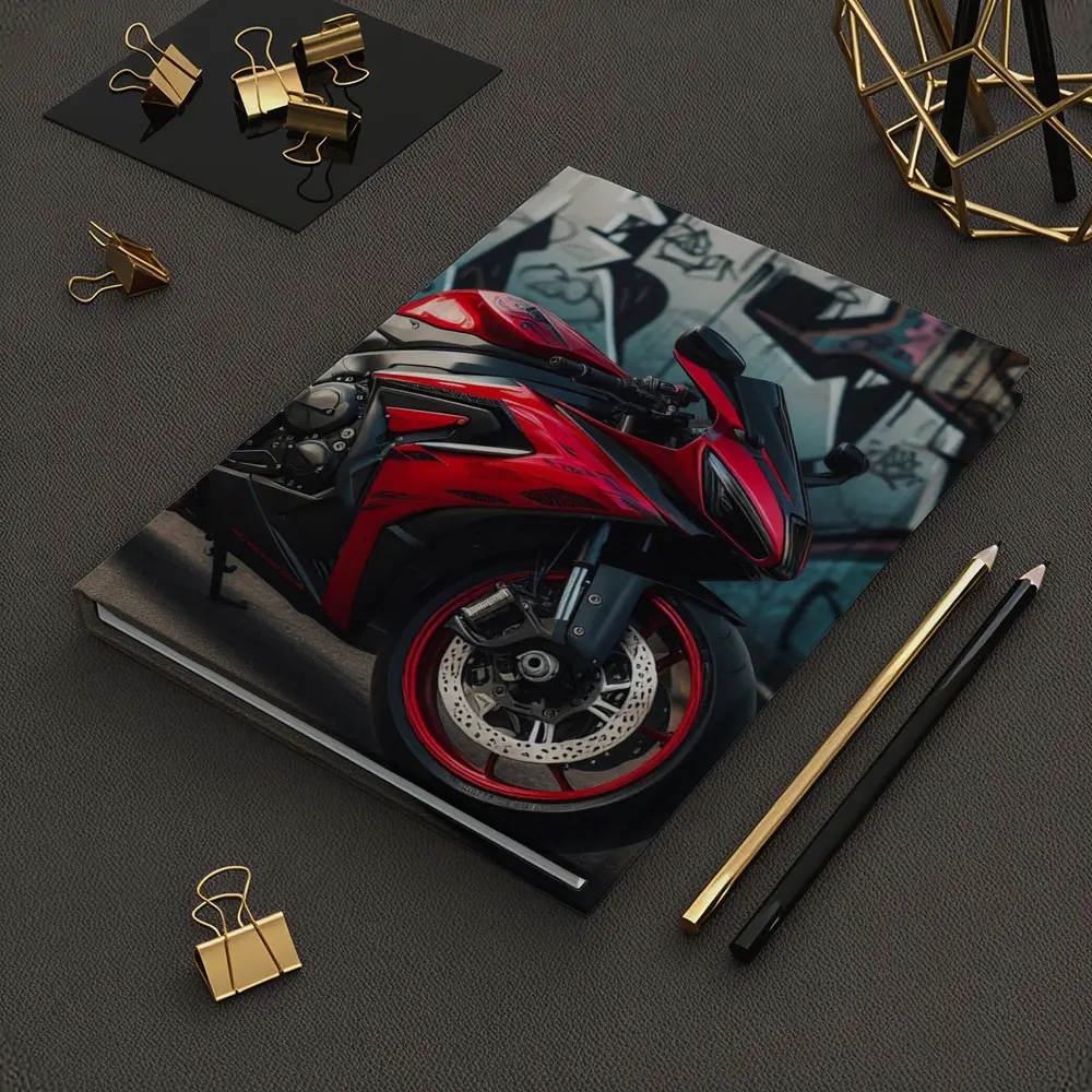 Red Sport Bike Against Graffiti Wall – Notebooks