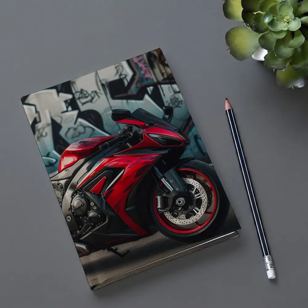 Red Sport Bike Against Graffiti Wall – Notebooks