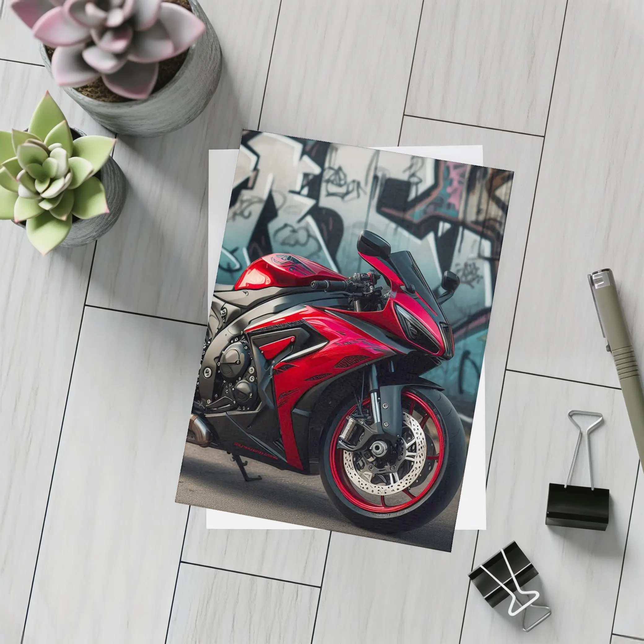 Red Sport Bike Against Graffiti Wall – Postcards