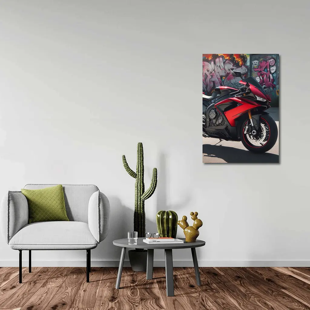 Red Sport Bike Against Graffiti Wall – Wall Art