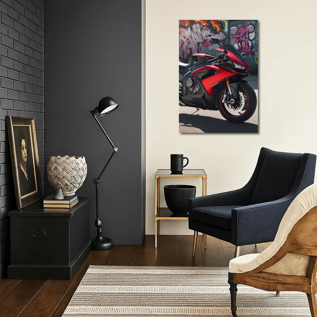 Red Sport Bike Against Graffiti Wall – Wall Art
