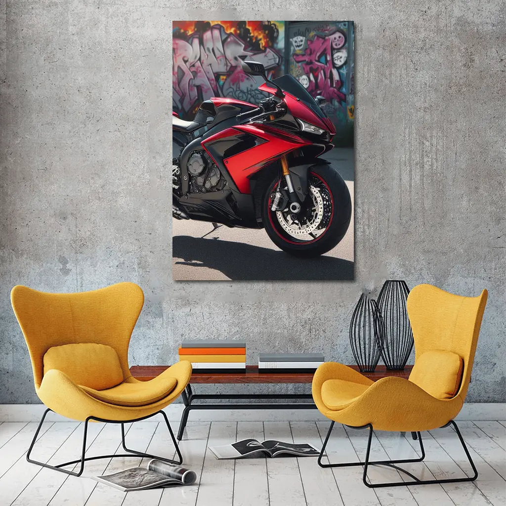 Red Sport Bike Against Graffiti Wall – Wall Art
