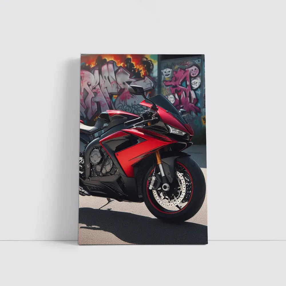 Red Sport Bike Against Graffiti Wall – Wall Art