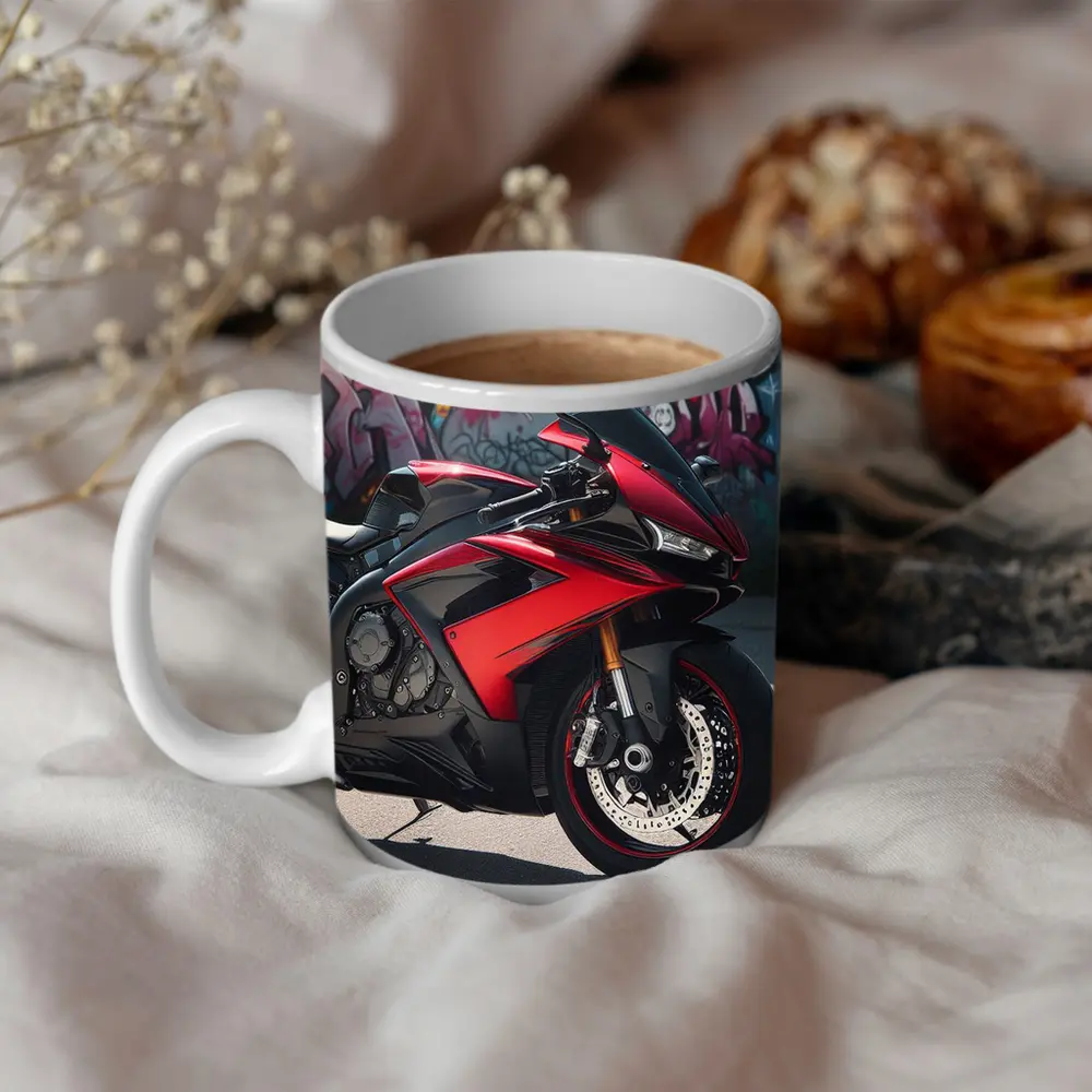 Red Sport Bike Against Graffiti Wall – Mugs
