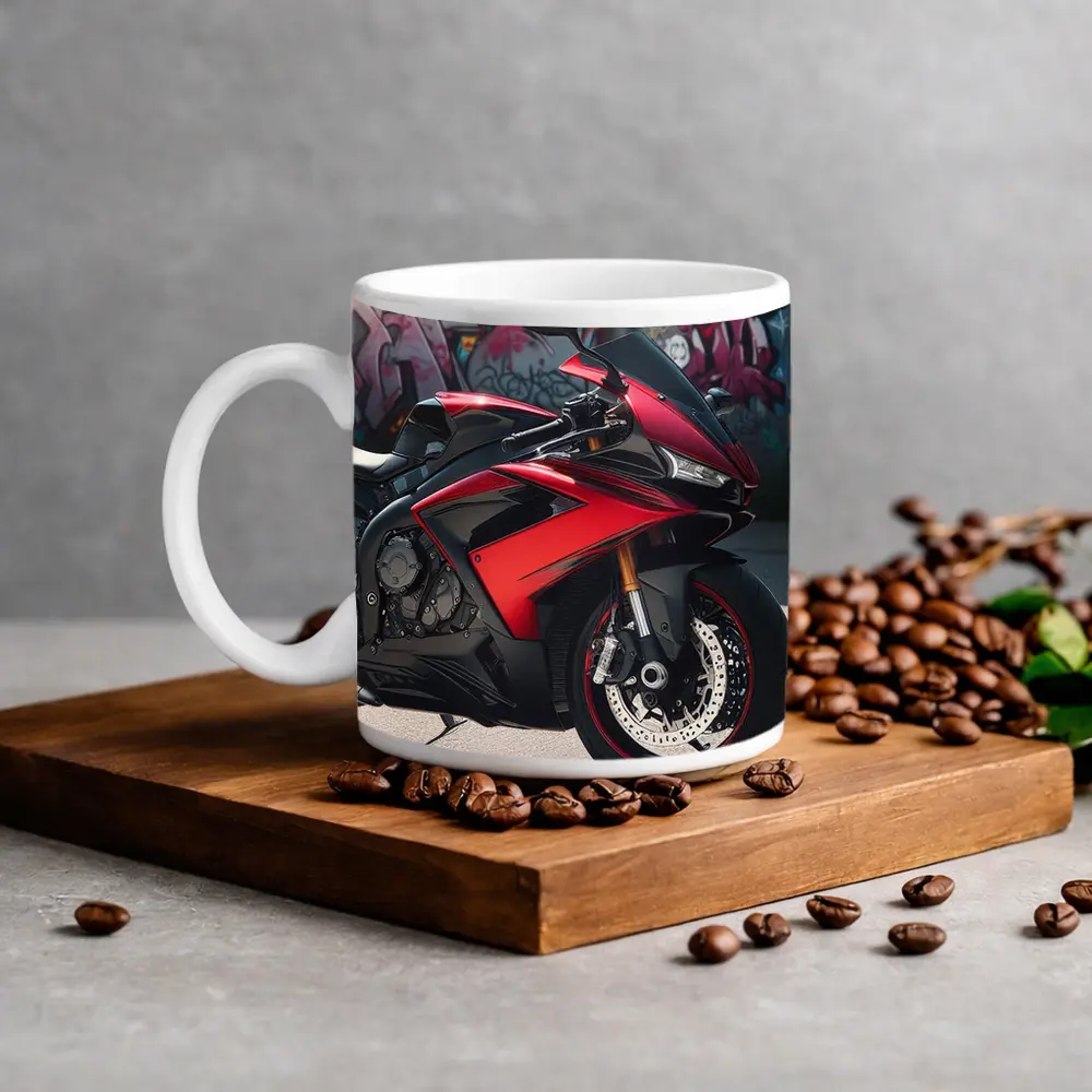 Red Sport Bike Against Graffiti Wall – Mugs