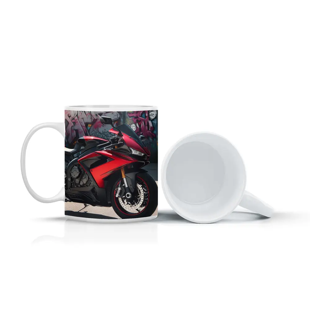 Red Sport Bike Against Graffiti Wall – Mugs