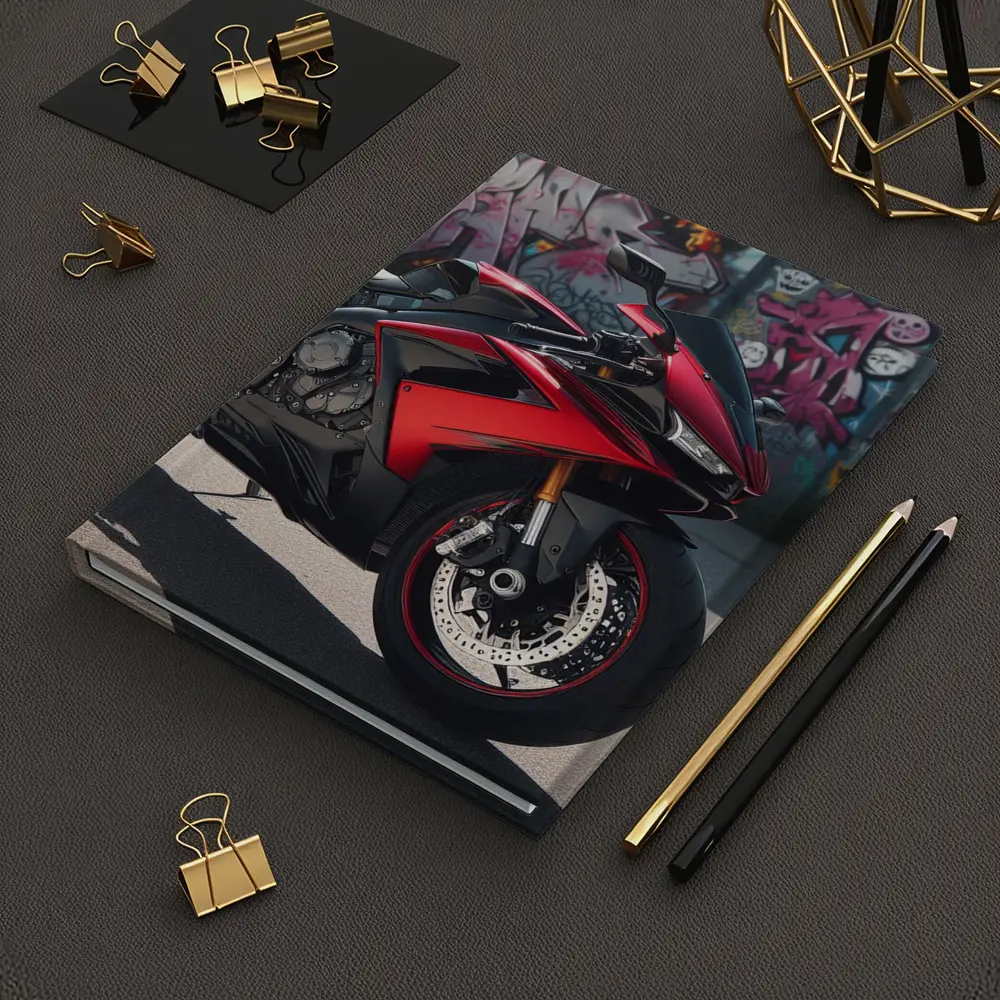 Red Sport Bike Against Graffiti Wall – Notebooks