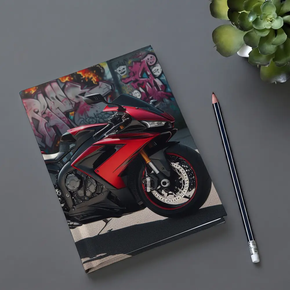Red Sport Bike Against Graffiti Wall – Notebooks