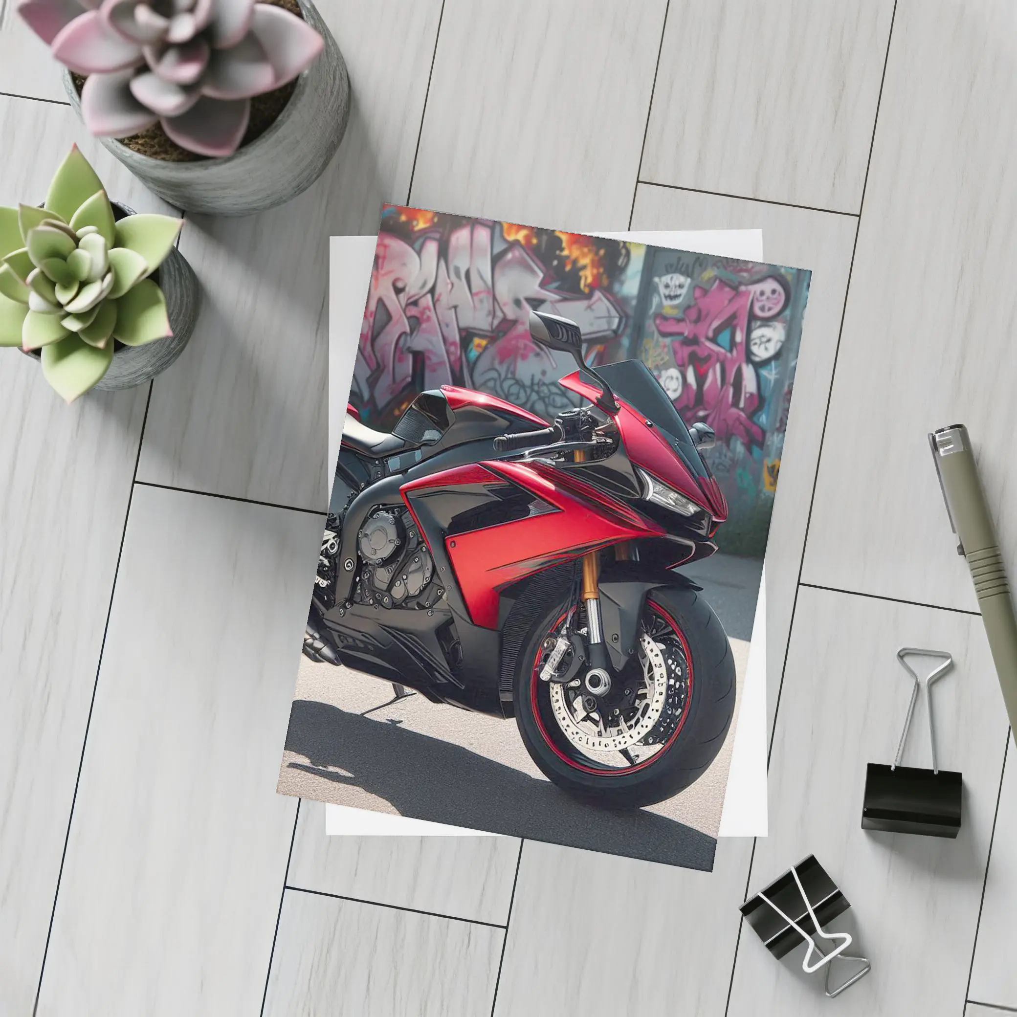 Red Sport Bike Against Graffiti Wall – Postcards