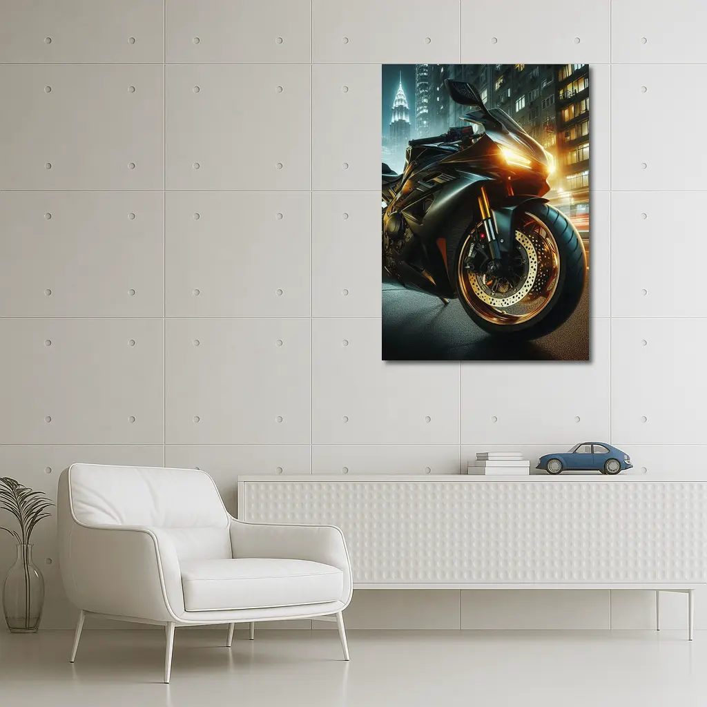 Black Sport Bike Glowing City Night – Wall Art