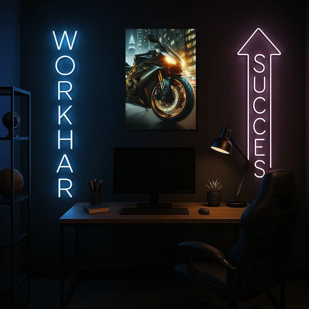 Black Sport Bike Glowing City Night – Wall Art
