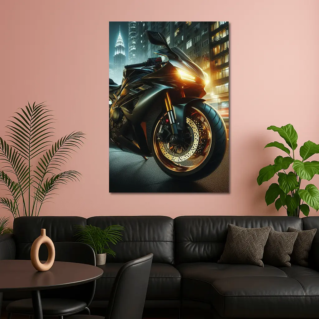 Black Sport Bike Glowing City Night – Wall Art