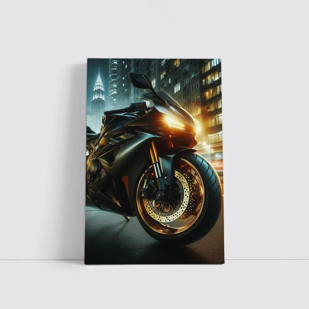 Black Sport Bike Glowing City Night – Wall Art