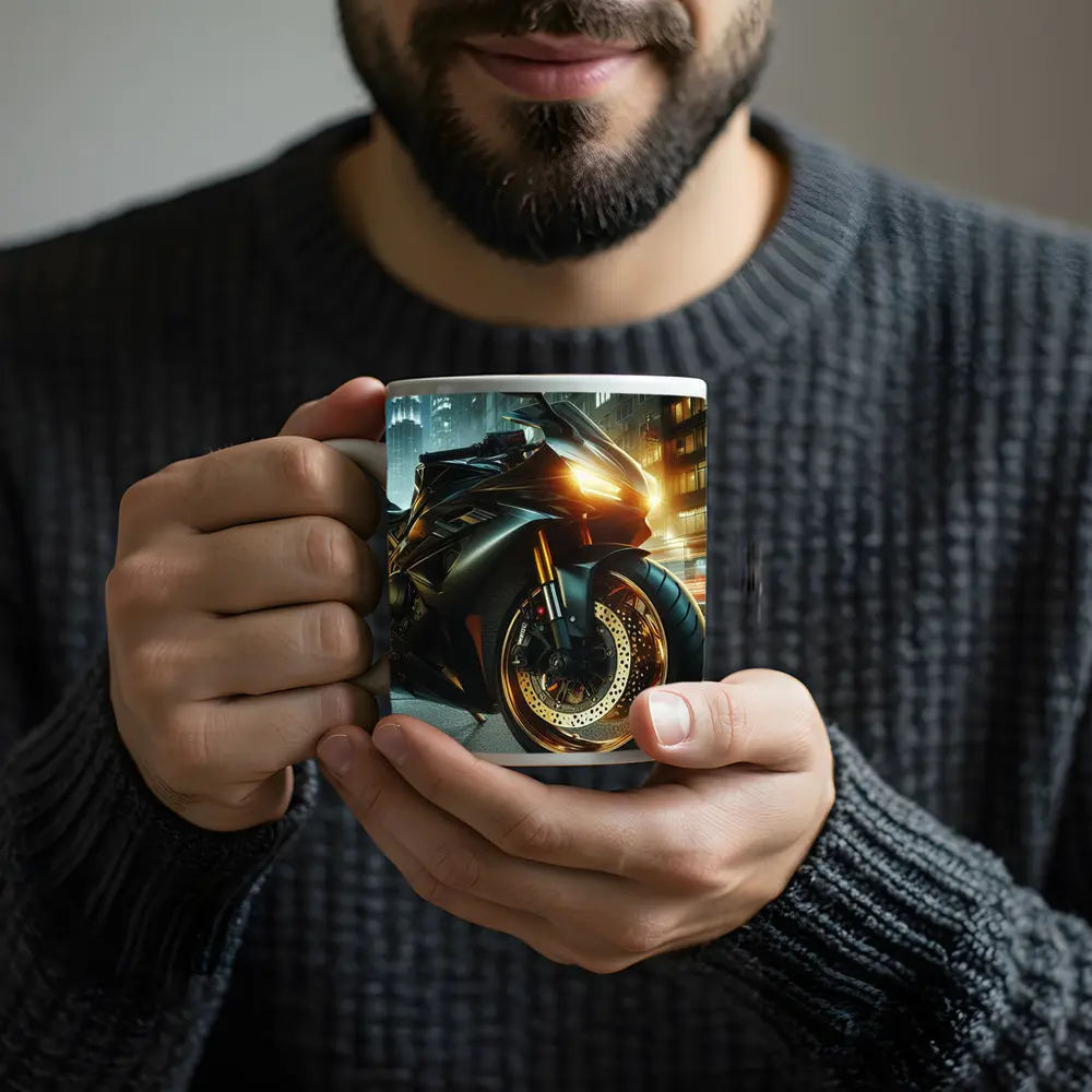 Black Sport Bike Glowing City Night – Mugs
