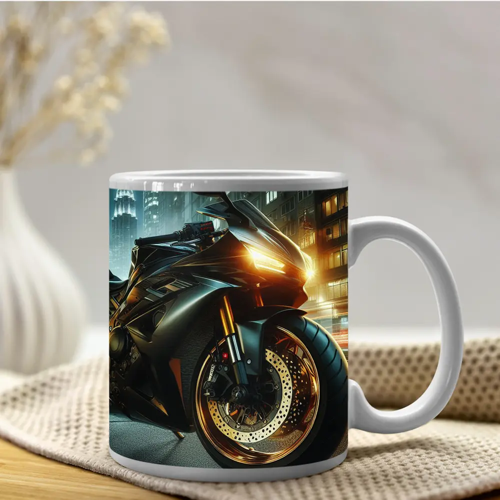 Black Sport Bike Glowing City Night – Mugs