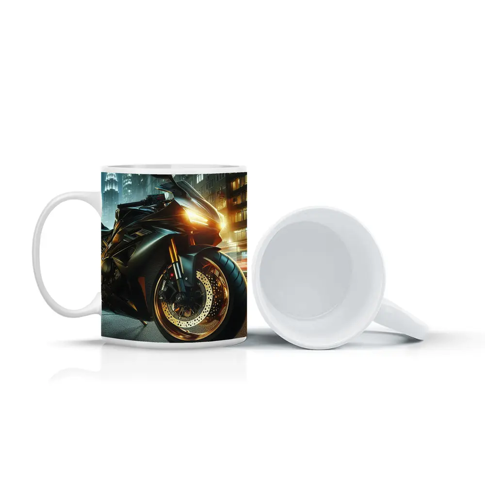 Black Sport Bike Glowing City Night – Mugs
