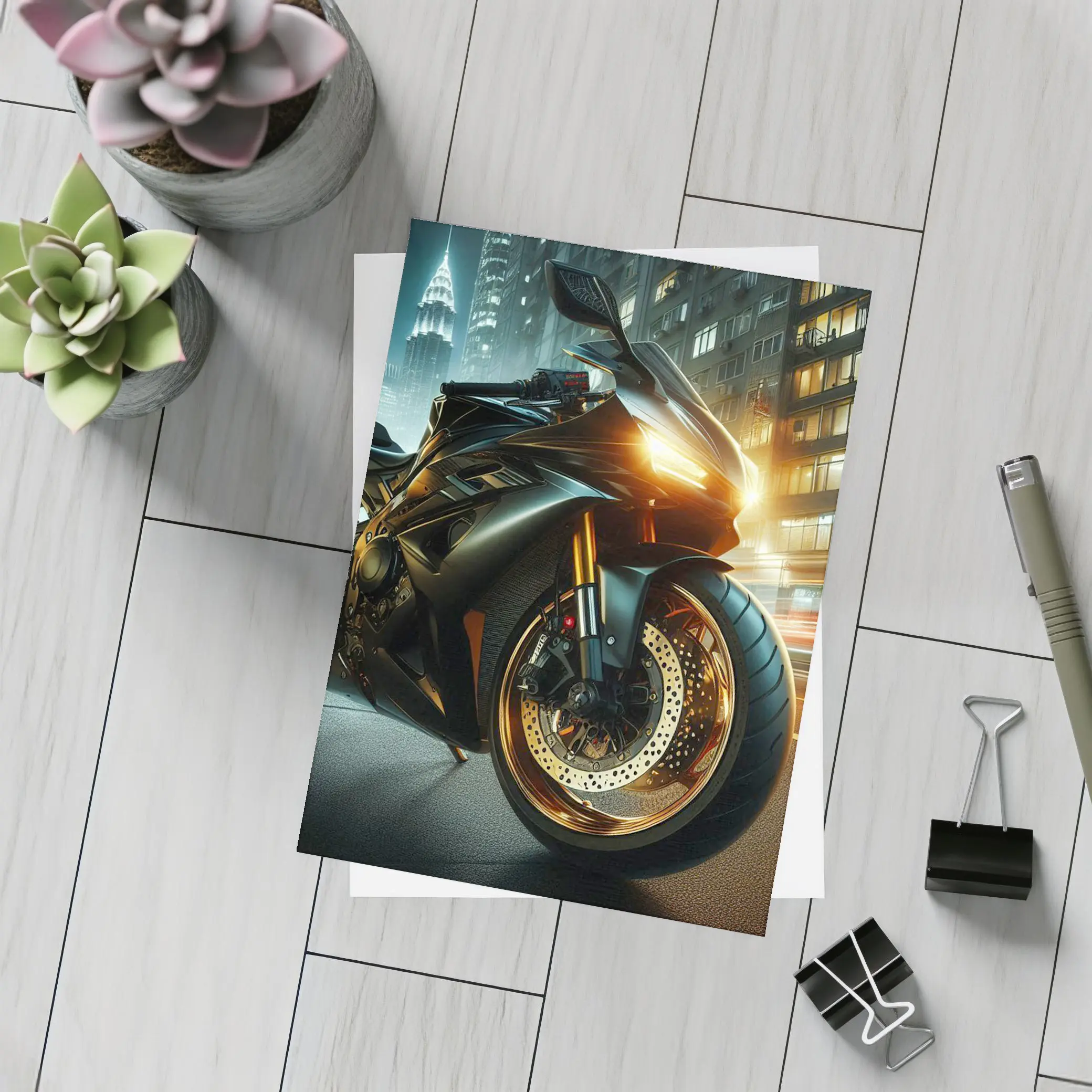 Black Sport Bike Glowing City Night – Postcards