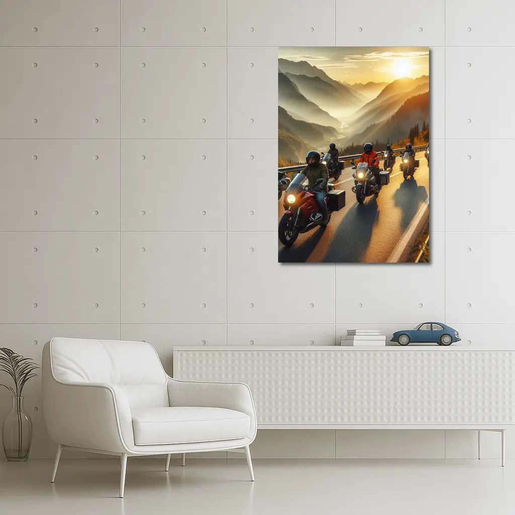 Motorcycle Group Riding Mountain Sunset Road – Wall Art