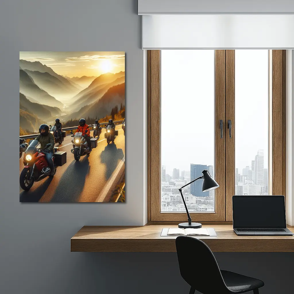 Motorcycle Group Riding Mountain Sunset Road – Wall Art