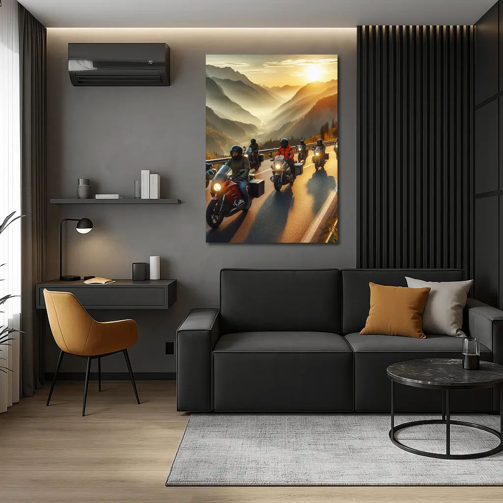Motorcycle Group Riding Mountain Sunset Road – Wall Art