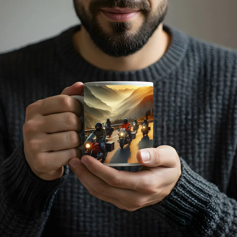 Motorcycle Group Riding Mountain Sunset Road – Mugs