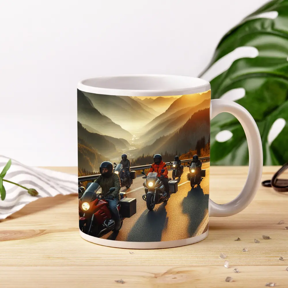 Motorcycle Group Riding Mountain Sunset Road – Mugs