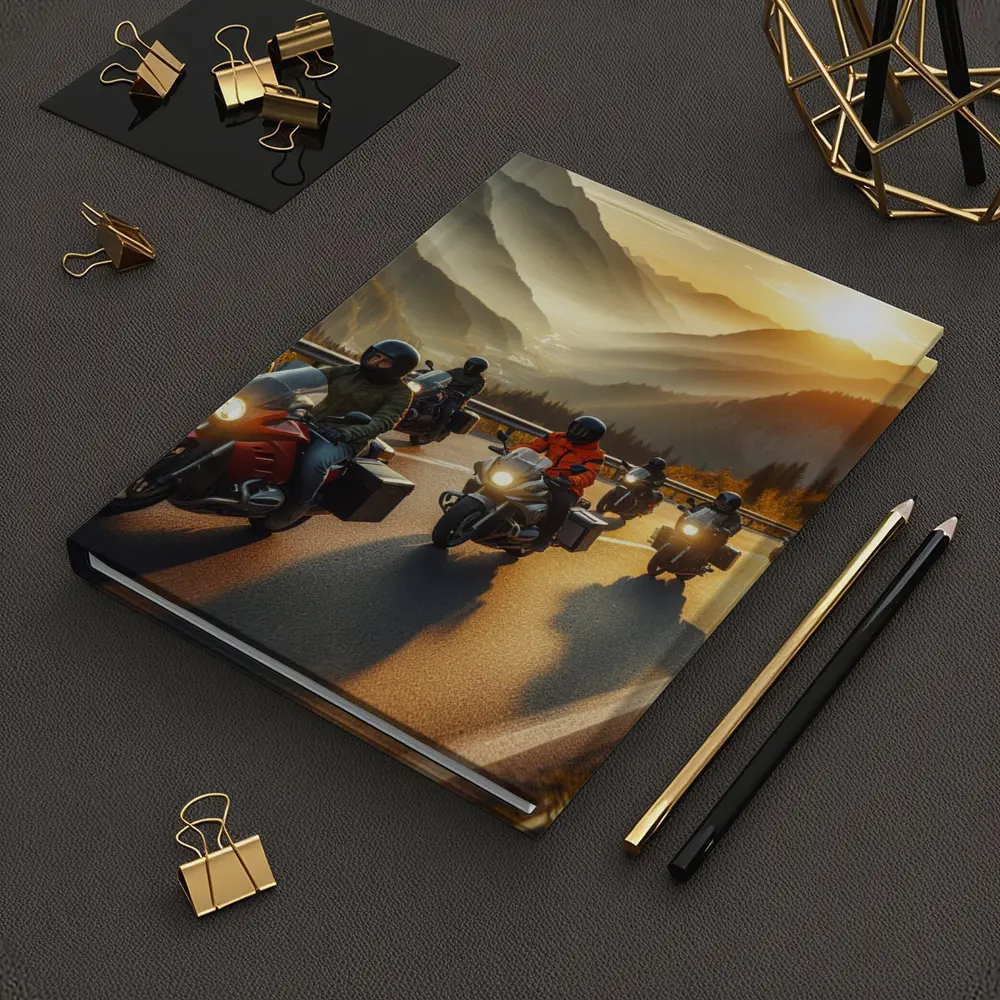 Motorcycle Group Riding Mountain Sunset Road – Notebooks