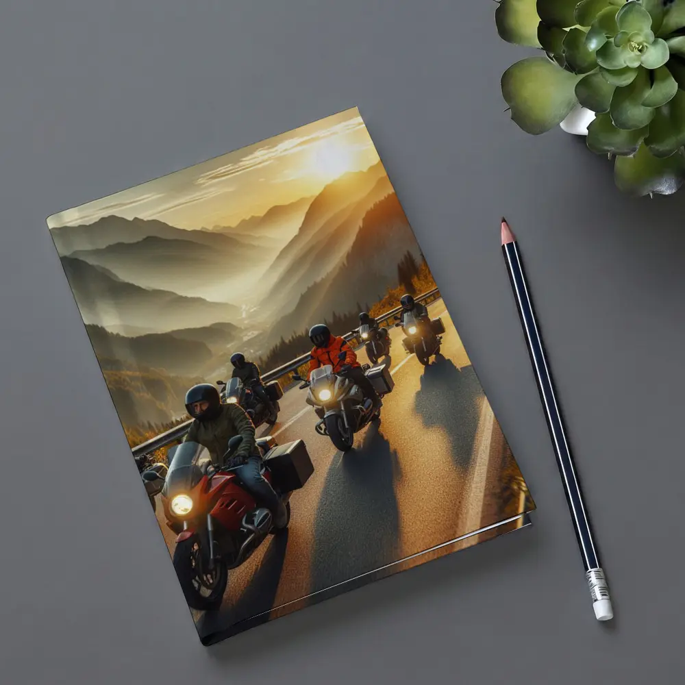 Motorcycle Group Riding Mountain Sunset Road – Notebooks