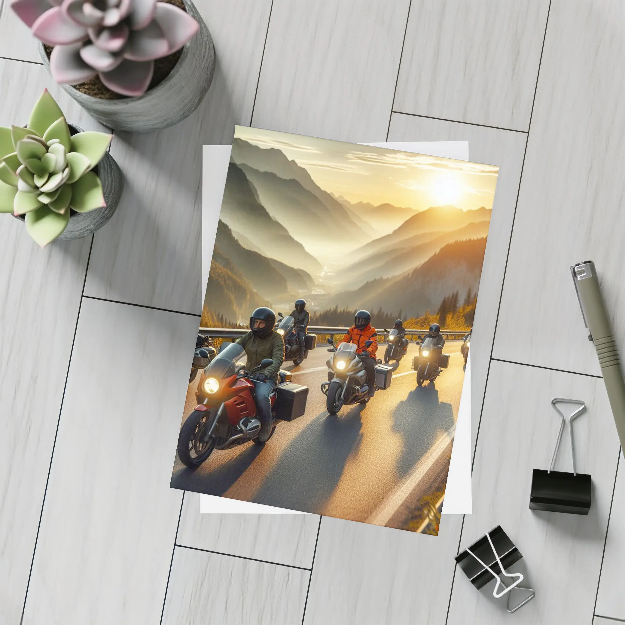 Motorcycle Group Riding Mountain Sunset Road – Postcards