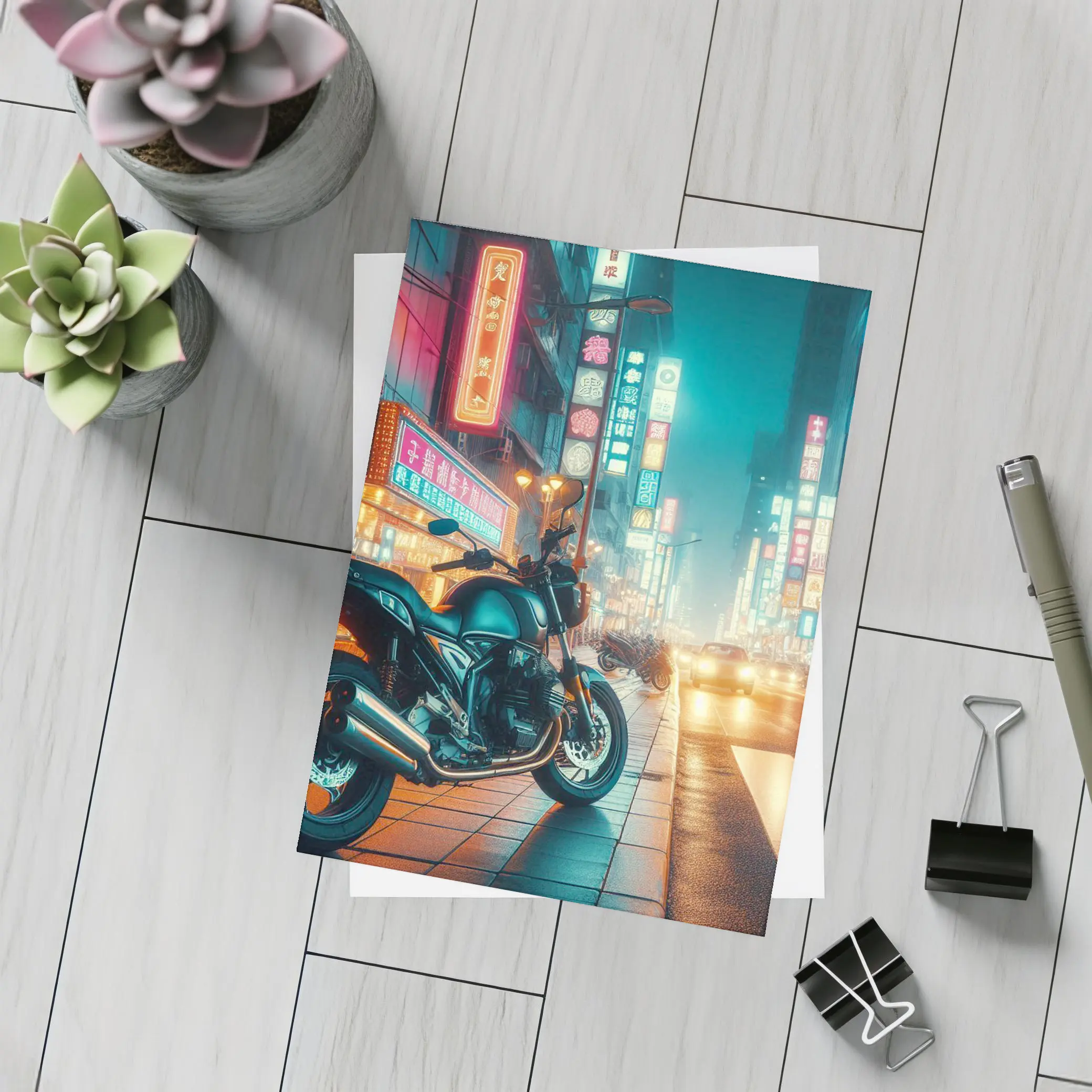 Naked Bike Motorcycle Neon City Night Street – Postcards