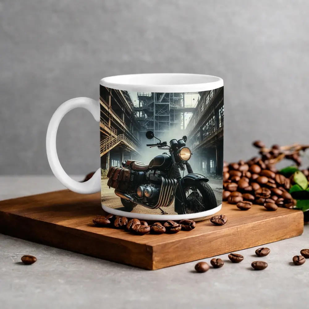 Classic Bobber Motorcycle Abandoned Industrial Factory – Mugs