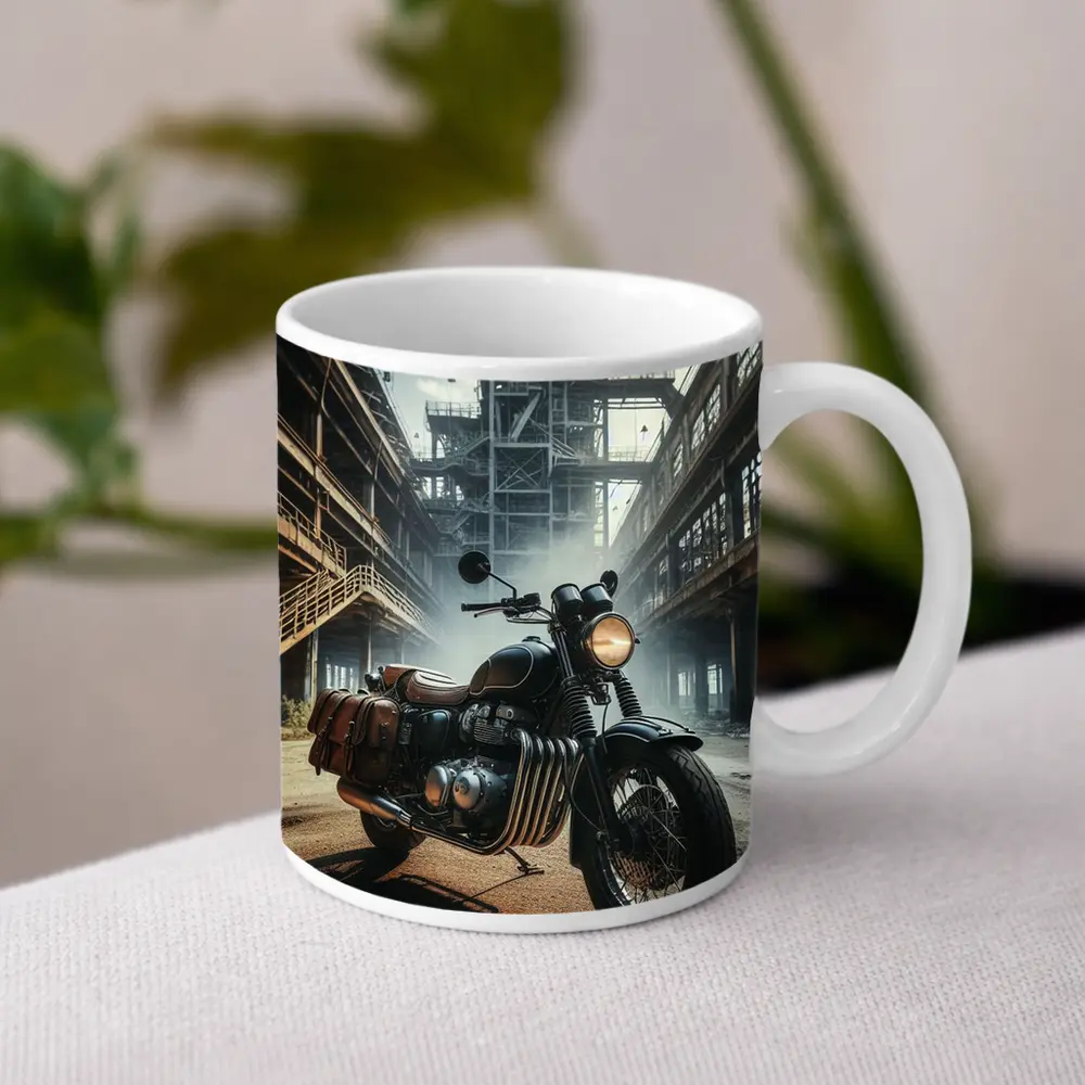 Classic Bobber Motorcycle Abandoned Industrial Factory – Mugs