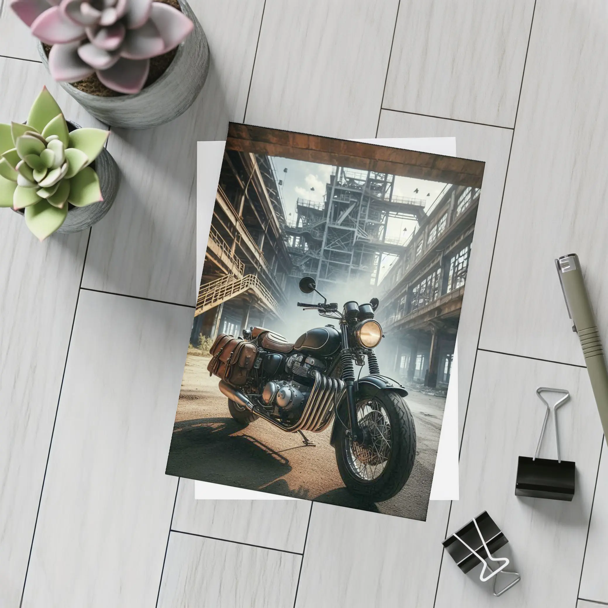 Classic Bobber Motorcycle Abandoned Industrial Factory – Postcards