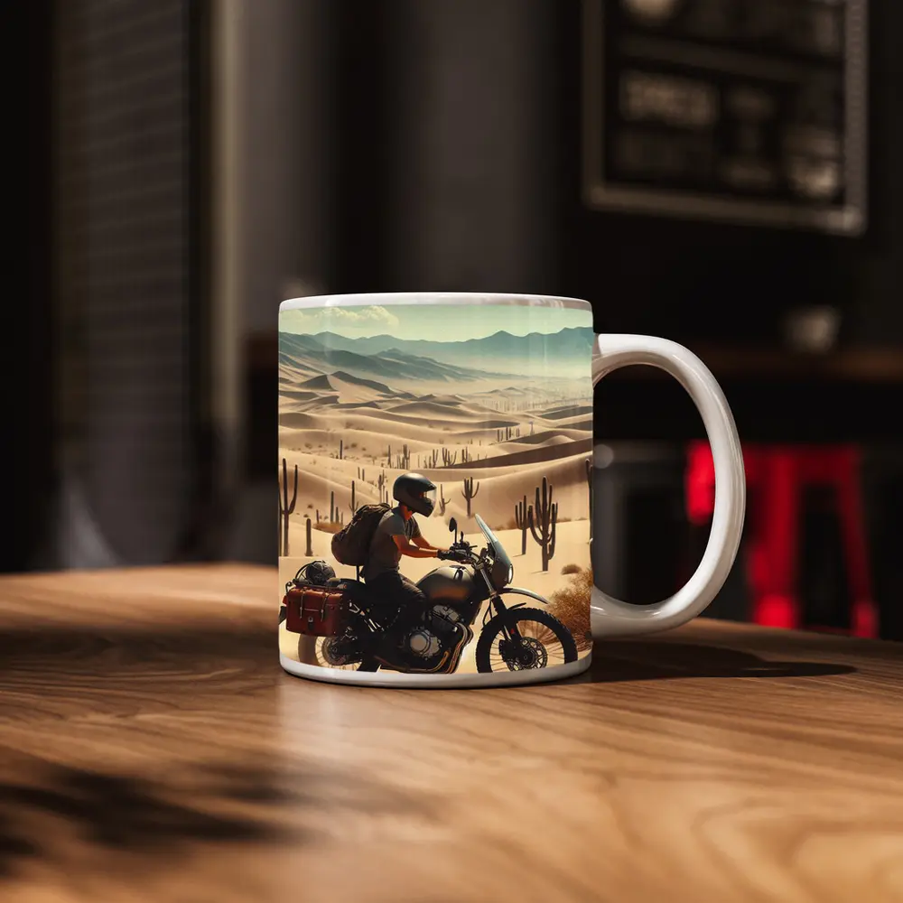 Adventure Rider Crossing Desert Dunes Cactus – Mugs