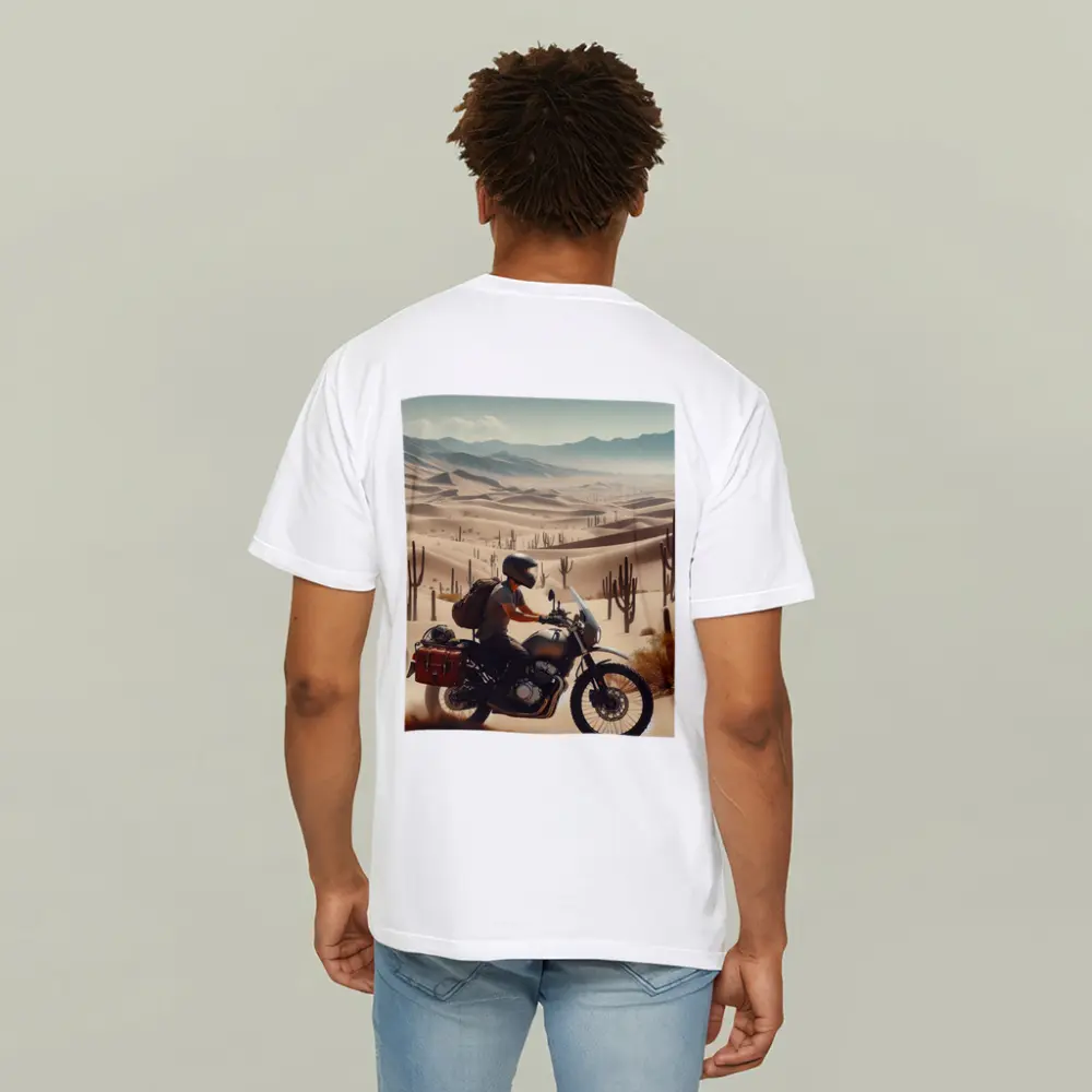 Adventure Rider Crossing Desert Dunes Cactus – T-Shirts