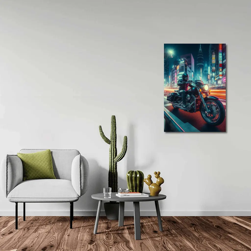 Harley Davidson Cruiser Rider Neon City Night – Wall Art