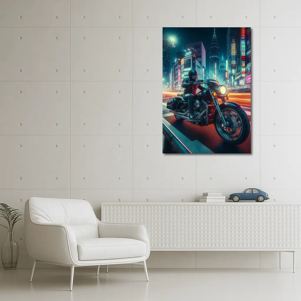 Harley Davidson Cruiser Rider Neon City Night – Wall Art