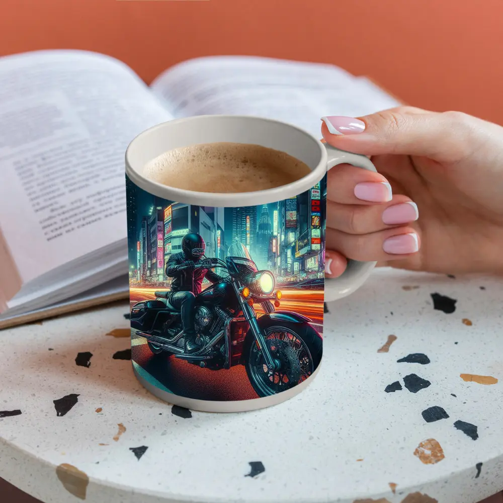 Harley Davidson Cruiser Rider Neon City Night – Mugs