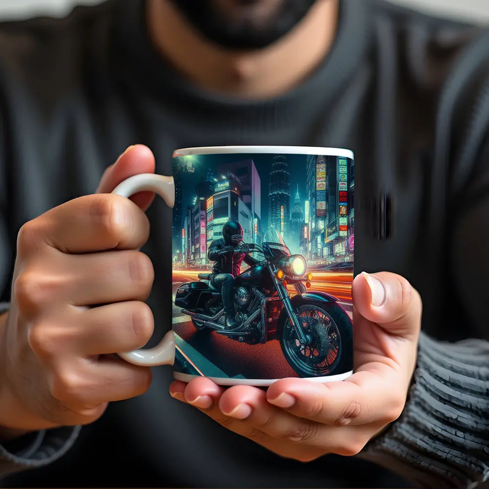 Harley Davidson Cruiser Rider Neon City Night – Mugs