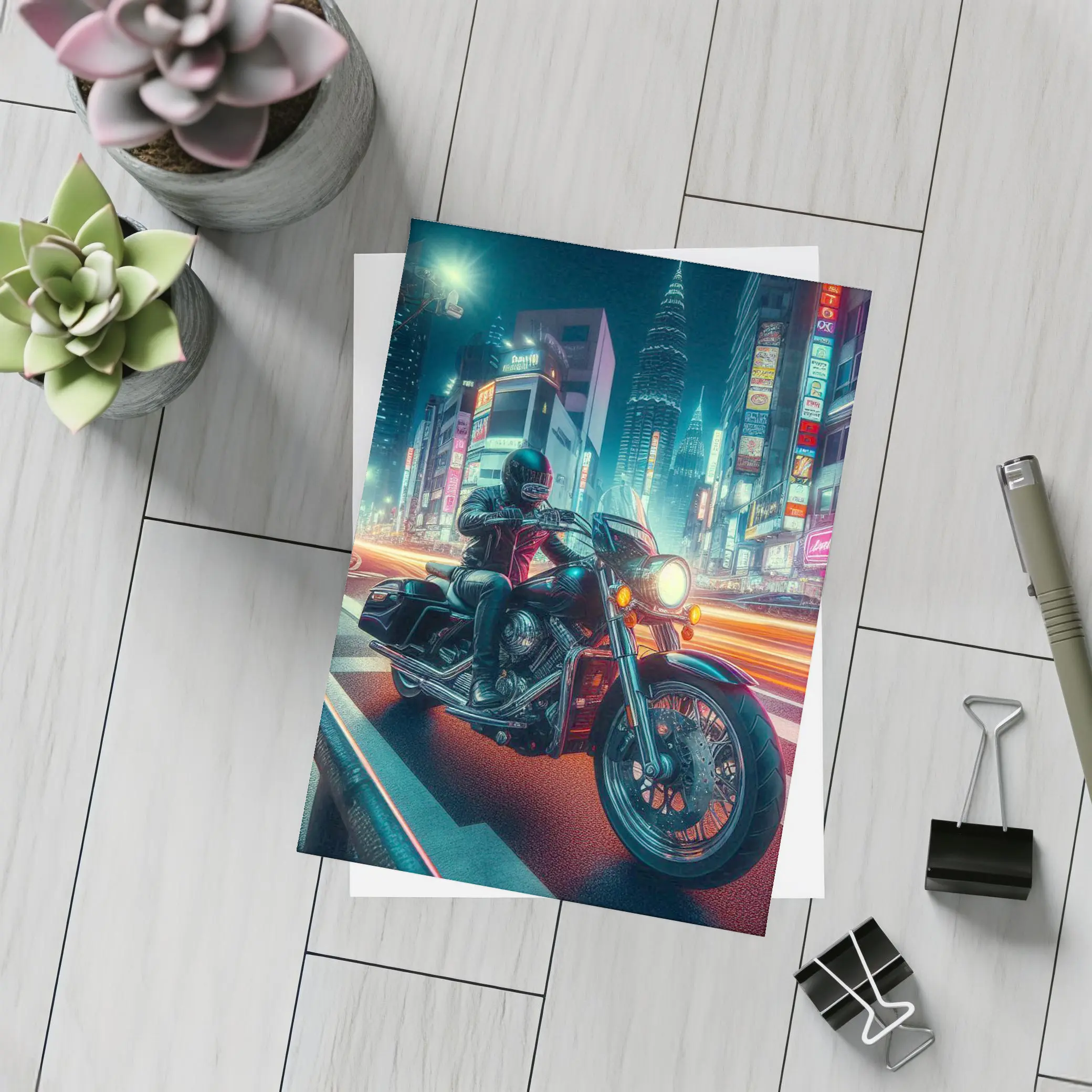 Harley Davidson Cruiser Rider Neon City Night – Postcards