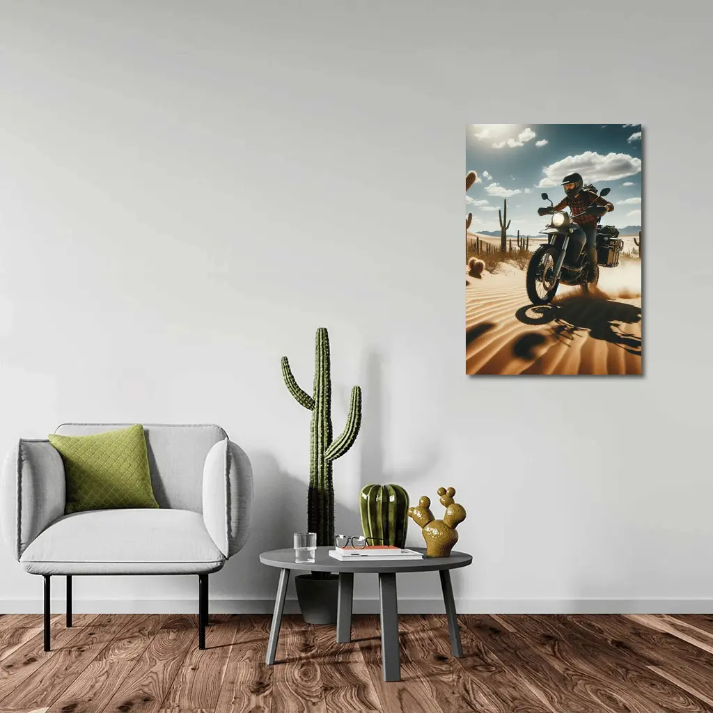 Adventure Motorcycle Rider Desert Cactus Landscape – Wall Art