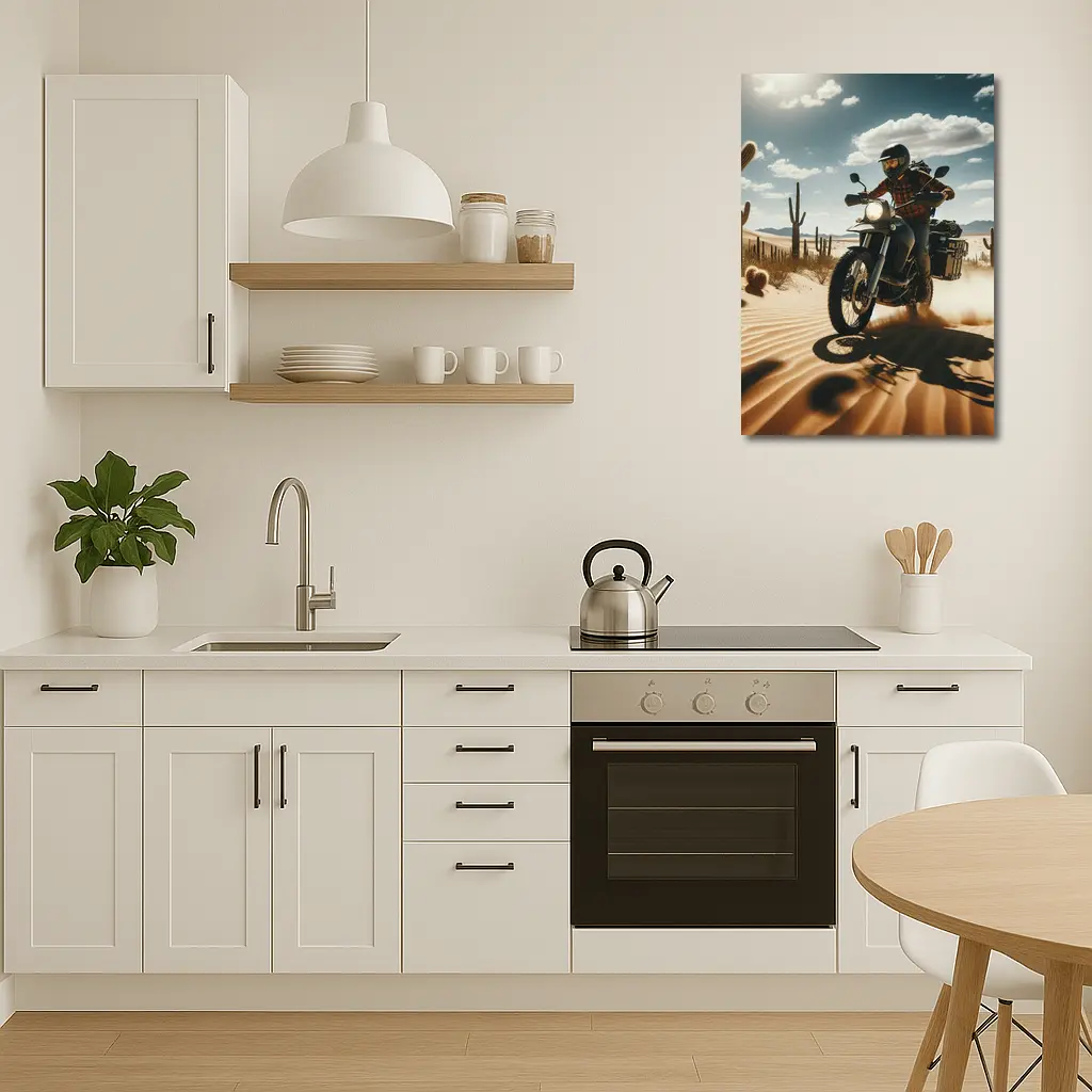 Adventure Motorcycle Rider Desert Cactus Landscape – Wall Art