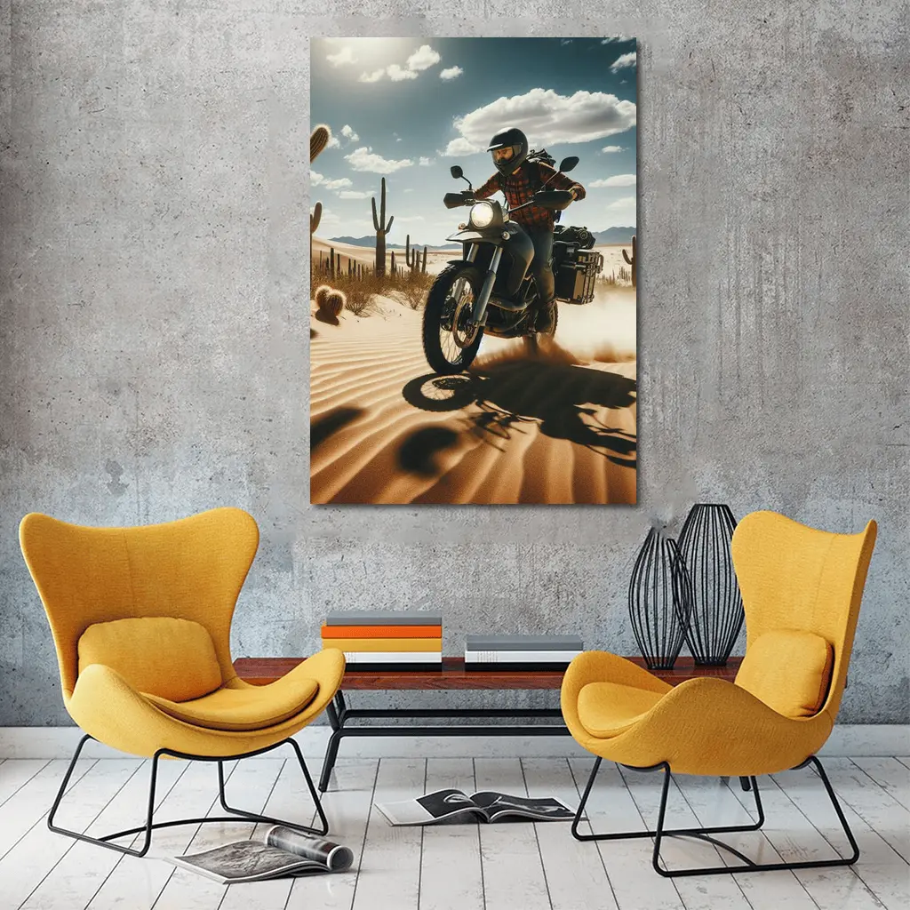 Adventure Motorcycle Rider Desert Cactus Landscape – Wall Art