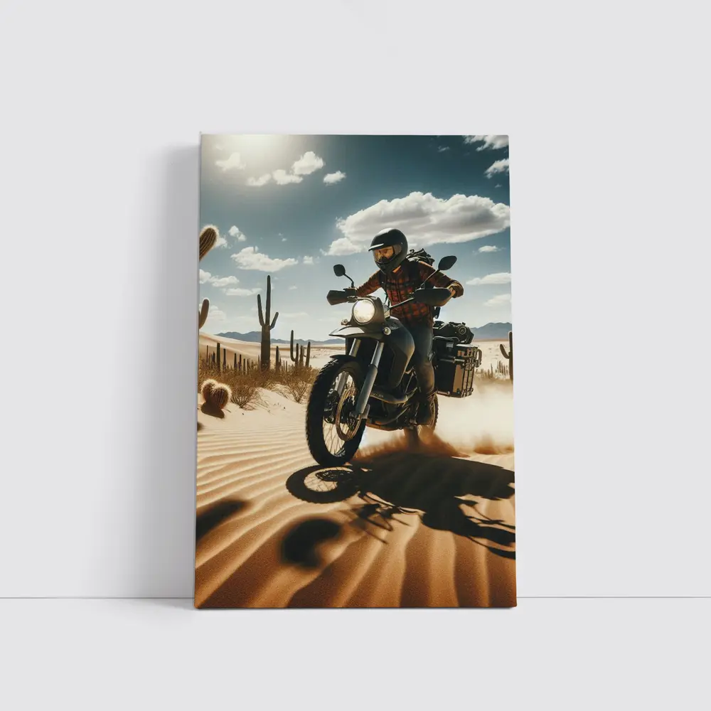 Adventure Motorcycle Rider Desert Cactus Landscape – Wall Art