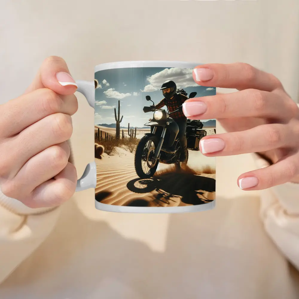 Adventure Motorcycle Rider Desert Cactus Landscape – Mugs