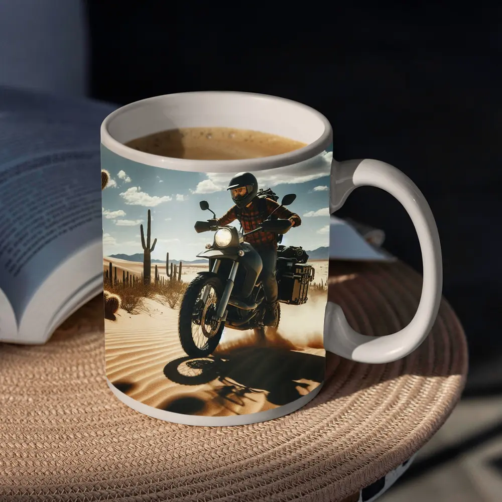 Adventure Motorcycle Rider Desert Cactus Landscape – Mugs