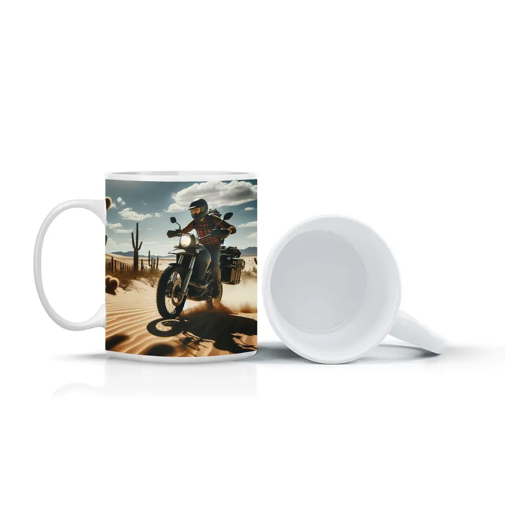 Adventure Motorcycle Rider Desert Cactus Landscape – Mugs
