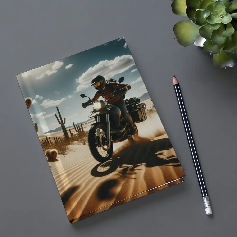 Adventure Motorcycle Rider Desert Cactus Landscape – Notebooks