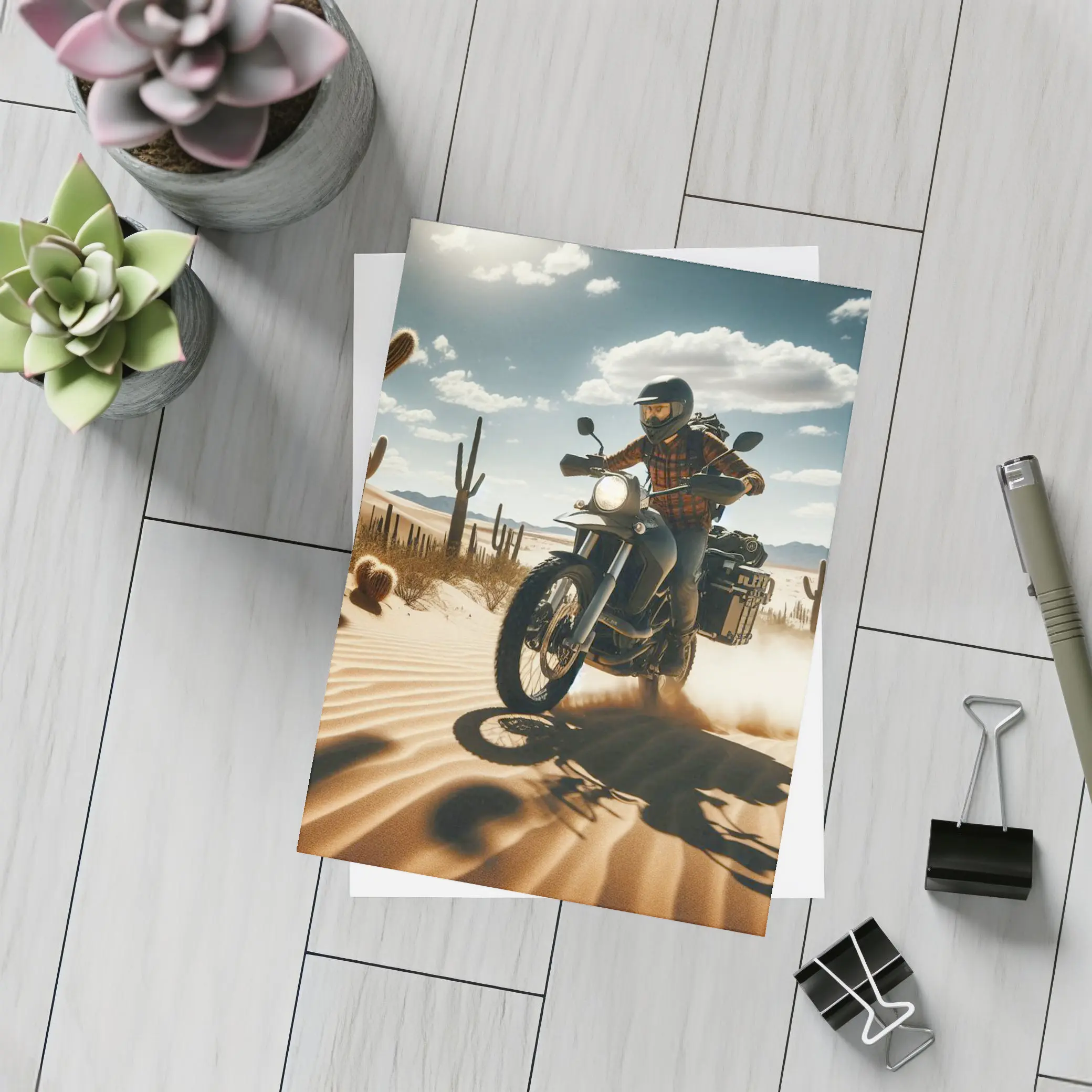 Adventure Motorcycle Rider Desert Cactus Landscape – Postcards